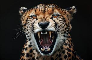 gepard djur- med öppen mun på svart bakgrund foto