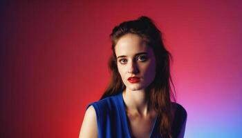 Foto av skön europeisk kvinna stående utgör med färgrik röd och blå abstrakt ljus ,