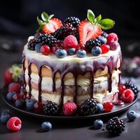 kaka med glasyr, dekorerad med olika bär foto