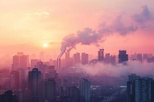 antenn se av stad i tät smog under solnedgång foto