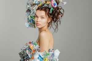 kvinna i klänning tillverkad av plast avfall och sopor foto