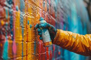 graffiti konstnär besprutning ljus färger urban vägg. gata konst foto