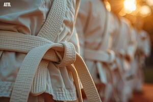 stänga upp av karate uniformer med vit bälte bunden runt om halsar, suddigt bakgrund, solljus, värma färger, bokeh effekt, hög upplösning fotografi foto