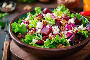 sallad med beta eller rödbeta, grön blanda sallad, nötter, fetaost ost. foto