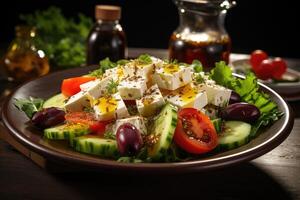 grekisk sallad med fetaost ost och oliv olja på tallrik. grekisk friska mat foto