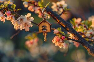 hus Nyckelring hängande från blomning gren foto