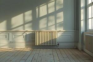 värma solljus gjutning skuggor från en fönster till ett tömma rum med radiator foto