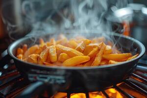 färsk, skivad potatisar fräsning i en panorera över en leva flamma, skapande ånga, i en Hem matlagning scenario foto