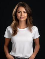skön ung kvinna i tom vit t-shirt falsk upp. foto