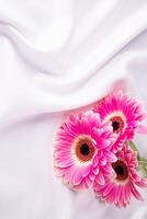vertikal festlig bakgrund av vit satin tyg med mjuk vågor och livlig rosa gerberor. en kopia Plats. vykort, tapet, omslag. foto