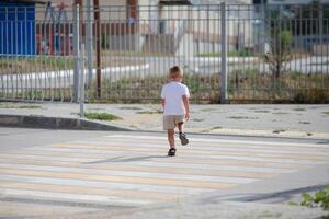 en liten pojke är löpning längs de övergångsställe. de barn kör längs de väg till dagis och skola. zebra gående i de stad. begrepp av fotgängare godkänd övergångsställe foto