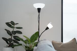 modern interiör med golv lampa och grön växt foto