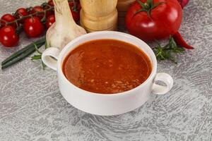 varm tomat soppa med tärnad kyckling foto