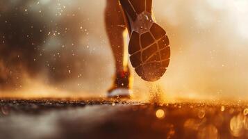 närbild av en löpare fötter korsning Avsluta linje, solnedgång bakgrund, sportslig händelse, kondition motivering, dynamisk verkan foto