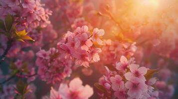 närbild av rosa körsbär blomma träd med Sol lysande genom blommor foto
