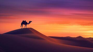 en kamel på en sand dyn på solnedgång, silhouetted mot de röd himmel afterglow foto