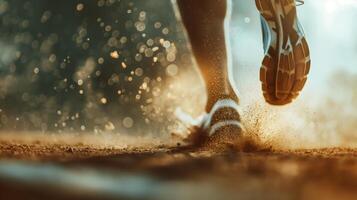 närbild verkan skott av en löpares fötter korsning de Avsluta linje under en lopp på solnedgång, för sportkläder annons och PR använda sig av foto