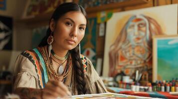 inföding amerikan kvinna skapande konst i en studio, traditionell Kläder och kulturell porträtt, målning och kreativitet foto