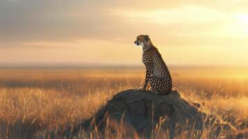 gepard uppflugen på sten i gräsmark fält, under klar himmel foto