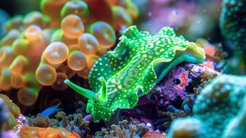 en grön hav snigel är glidande genom en korall rev ekosystem foto