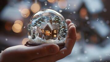 person innehar snö klot med hus, skapande en miniatyr- vinter- sagoland foto