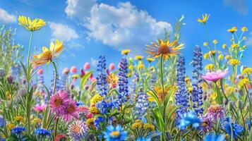 vibrerande blommor blomma under klar blå himmel i naturlig landskap foto
