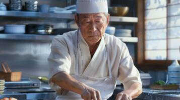 erfaren japansk kock i traditionell klädsel framställning sushi i en professionell kök miljö foto