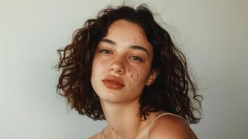 självsäker ung kvinna med acne och lockigt hår fattande naturlig skönhet foto