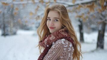 östra europeisk vinter- porträtt. ung kvinna med lång blond hår i sticka Tröja och scarf foto