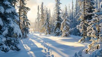snöig skog med vintergröna träd, fotspår i de snö, under en molnig himmel foto