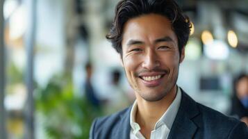 asiatisk manlig professionell i företag kostym med självsäker leende i modern kontor miljö för företags- använda sig av och marknadsföring foto
