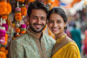 Lycklig indisk par i traditionell kläder foto