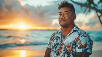 solnedgång porträtt av en medelålders pacific öbo man i en blommig skjorta för tropisk äventyr teman foto