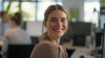 professionell kvinna leende i modern kontor miljö, företag, och företags- miljö foto