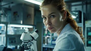 en kvinna är ser genom en mikroskop i en laboratorium foto