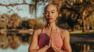 lugn morgon- yoga förbi de sjö med en ung latina kvinna, skallig huvud, i rosa atletisk ha på sig foto