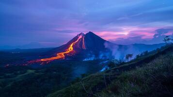 en vulkan bryter ut, spewing lava in i de himmel, förvandla de naturlig landskap foto