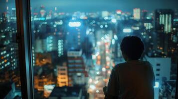 urban nattlandskap. kontemplativ silhuett av en ung pojke utsikt en lysande stadsbild foto