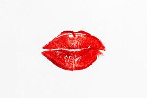 avtryck av röd mun på vit papper, kyss bakgrund foto