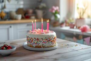 födelsedag kaka med brinnande ljus på den foto