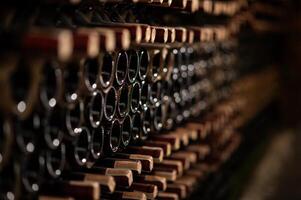 rad av vin flaskor på en trä- hylla i en vin källare foto