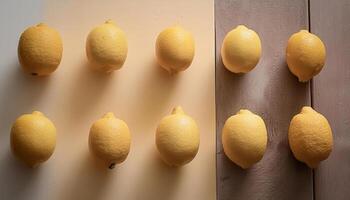 citron- mönster på pastell bakgrund, topp se. platt lägga med färsk gul citron- skivor. minimal sommar begrepp foto