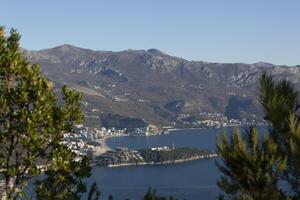 vinter- hav färgrik landskap med blå vatten av de adriatisk hav och de ö av st. nikola nära de stad av budva i montenegro. se från ovan genom de träd. horisontell foto