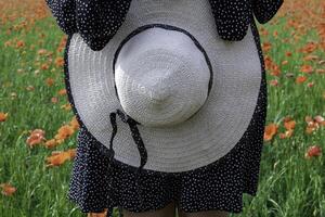 närbild av kvinna händer innehav sommar hatt de bakgrund av fält med vallmo. semester begrepp foto