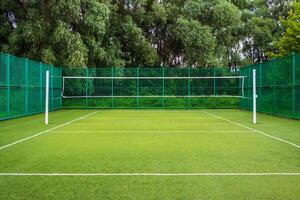 sporter lekplats i de parkera med artificiell gräs och en sträckt netto på en bakgrund av grön träd foto