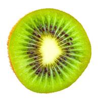 främre se av en skiva av kiwi frukt isolerat på en vit bakgrund foto