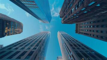 perspektiv och undersida vinkel se av modern glas skyskrapor av de byggnad mot de blå ljus klar himmel. hög kvalitet Foto