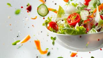 flygande vegetabiliska sallad Ingredienser över transparent och vit skål. vitaminer och friska äter begrepp. hög kvalitet Foto