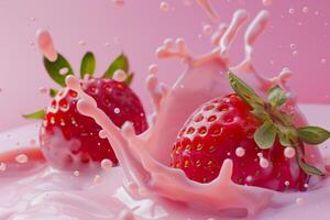 jordgubbar med mjölk vågor, jordgubb dryck och jordgubb yoghurt reklam design. jordgubb mjölk skaka, 3d framställa. hög kvalitet Foto