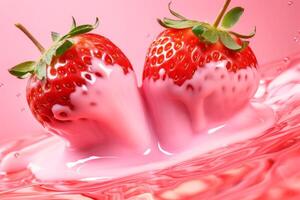 jordgubbar med mjölk vågor, jordgubb dryck och jordgubb yoghurt reklam design. jordgubb mjölk skaka, 3d framställa. hög kvalitet Foto